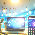 Freelance toolkit workspace with laptop, smartphone, and productivity apps