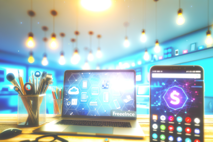 Freelance toolkit workspace with laptop, smartphone, and productivity apps