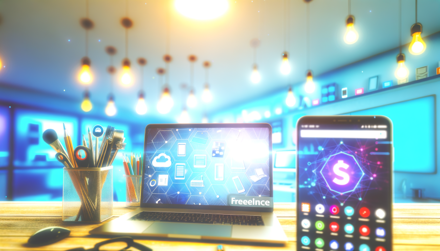 Freelance toolkit workspace with laptop, smartphone, and productivity apps