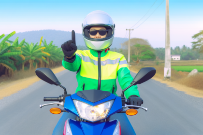 Biker demonstrating essential hand signals for safety on the road