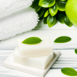 Natural soap bars, green leaves, and towels in a clean bathroom setting