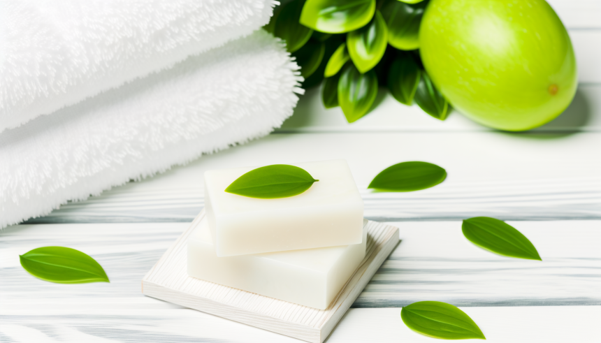 Natural soap bars, green leaves, and towels in a clean bathroom setting