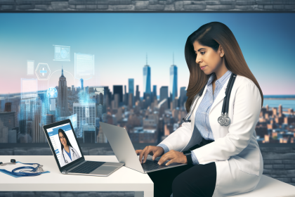 Telehealth and medical billing in New York in 2025, virtual consultation, digital healthcare, New York cityscape