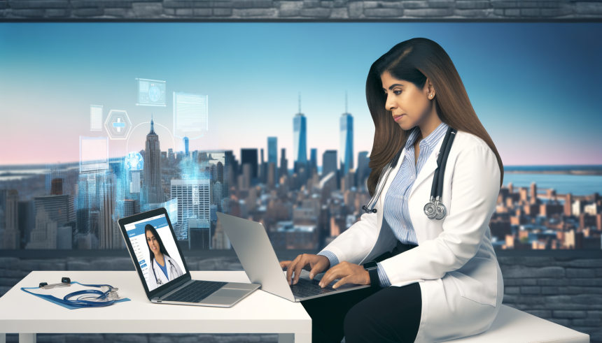 Telehealth and medical billing in New York in 2025, virtual consultation, digital healthcare, New York cityscape