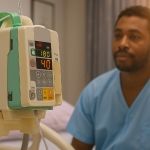 Patient beside an infusion pump in a hospital room