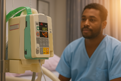 Patient beside an infusion pump in a hospital room