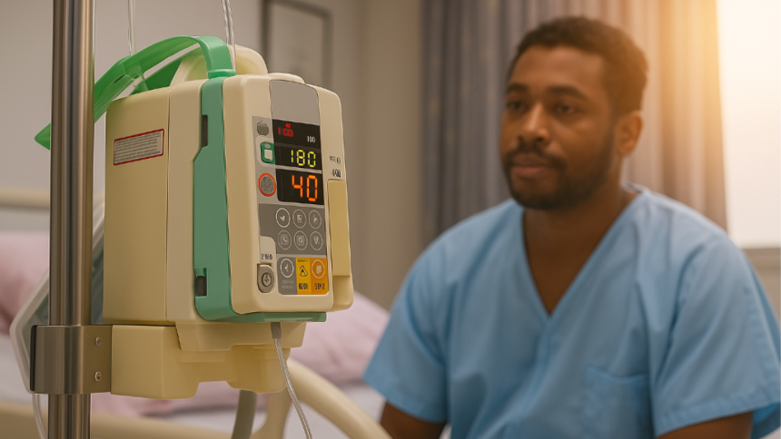 Patient beside an infusion pump in a hospital room