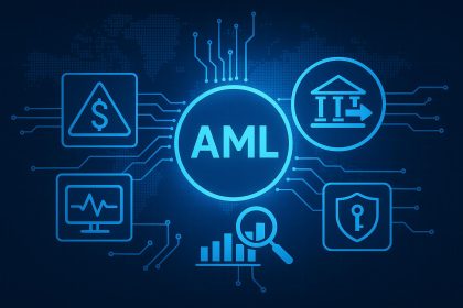AML transaction monitoring dashboard with data analytics, charts, and compliance alerts on screen