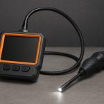 Close-up of a video borescope inspecting engine components with flexible probe and display screen