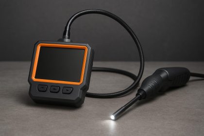Close-up of a video borescope inspecting engine components with flexible probe and display screen