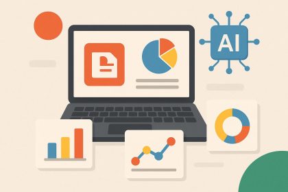 Modern laptop displaying AI-powered PowerPoint presentation tools and creative slide designs