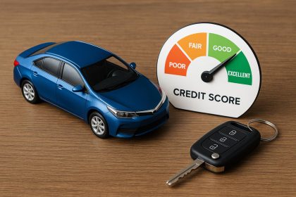 Car finance application with credit score chart and car keys on a desk