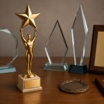 Elegant custom trophies displayed on a table, highlighting achievement and personal recognition