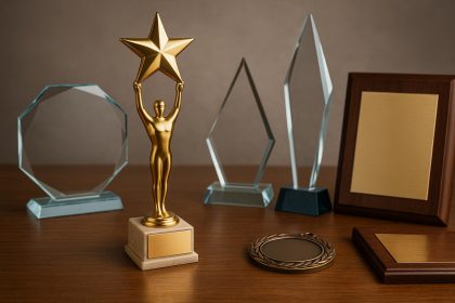 Elegant custom trophies displayed on a table, highlighting achievement and personal recognition