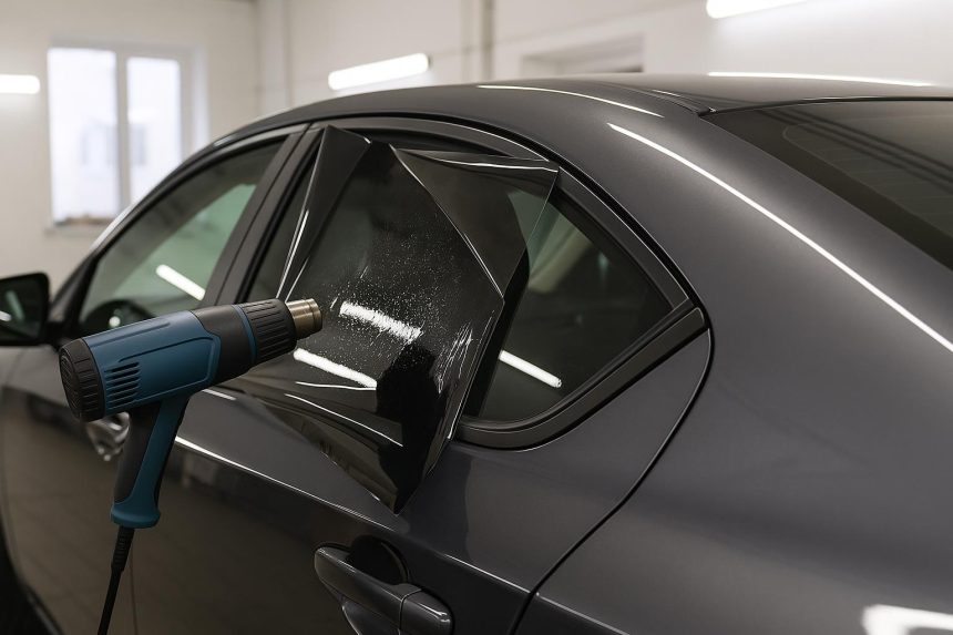 Car window being tinted by a professional technician at an auto service center
