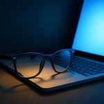 Blue light glasses reflecting computer screen to illustrate digital eye strain prevention
