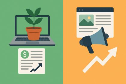 Laptop, notepad, and financial charts illustrating affiliate blogging for loan content strategies