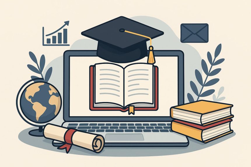Laptop with graduation cap and books symbolizing benefits of earning an online degree