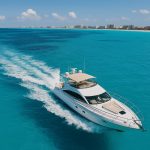 Luxury private boat anchored in turquoise Cancun waters with clear skies and tropical coastline