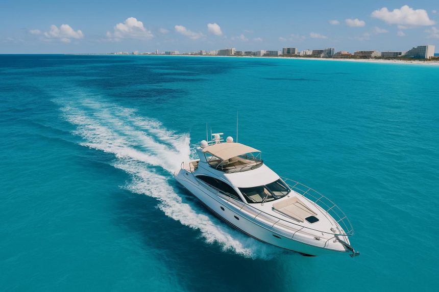Luxury private boat anchored in turquoise Cancun waters with clear skies and tropical coastline