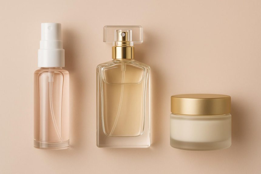 Perfume bottles arranged for a three-step fragrance routine with prepping, spritzing, and setting products