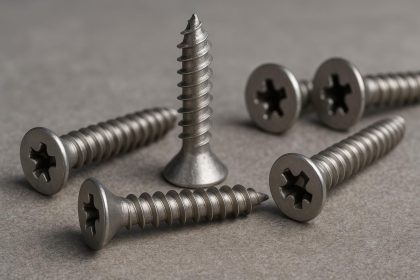 Close-up of stainless steel screws arranged on a wooden surface for strong, durable fastening