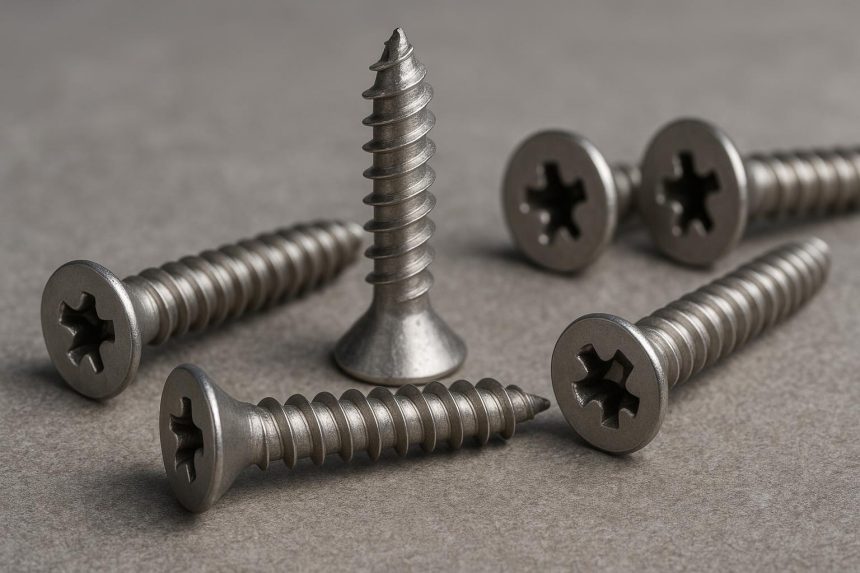 Close-up of stainless steel screws arranged on a wooden surface for strong, durable fastening