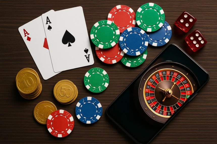 Online gambling concepts with digital casino games, virtual chips, and betting interface
