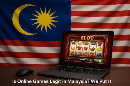 Laptop displaying online gaming website with Malaysian flag highlighting gaming legitimacy inquiry