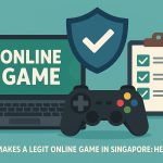 Checklist for legit online games in Singapore with security icons and gaming interface elements