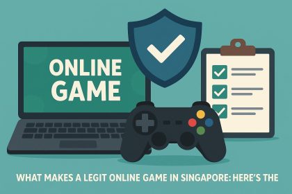 Checklist for legit online games in Singapore with security icons and gaming interface elements