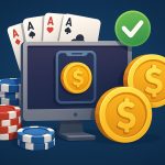 Selecting real-money online games on a laptop with cash and casino icons on the screen.
