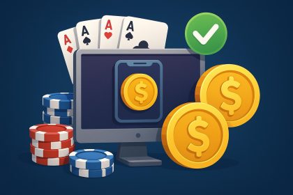 Selecting real-money online games on a laptop with cash and casino icons on the screen.