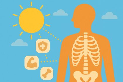 Assorted vitamin D supplements and healthy foods rich in vitamin D on a table