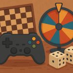 Balanced board game elements with dice and strategy pieces representing skill and chance interaction