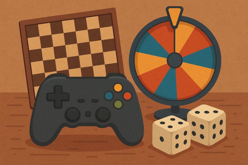 Balanced board game elements with dice and strategy pieces representing skill and chance interaction