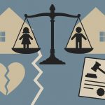 Divorced parents discussing child custody agreement with legal documents in family law office