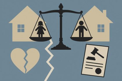 Divorced parents discussing child custody agreement with legal documents in family law office