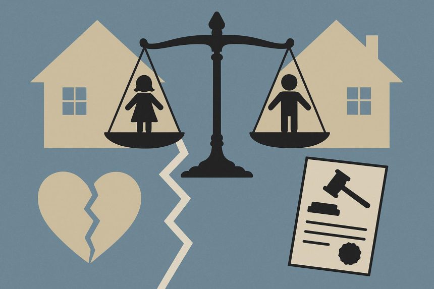 Divorced parents discussing child custody agreement with legal documents in family law office