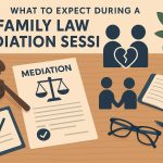Family law mediation session with documents, legal advisor, and family discussing solutions