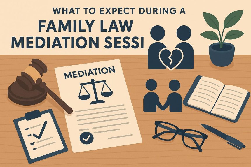 Family law mediation session with documents, legal advisor, and family discussing solutions