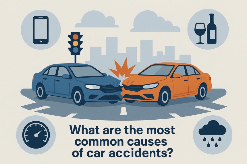 Damaged cars after a collision on a busy road, illustrating common causes of car accidents
