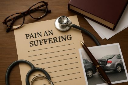 Car accident aftermath with damaged vehicles illustrating pain and suffering compensation claims