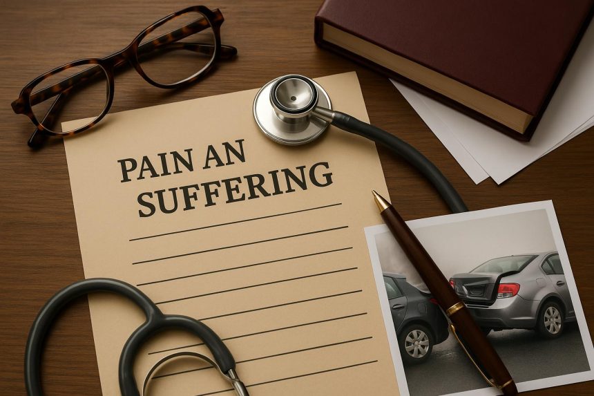 Car accident aftermath with damaged vehicles illustrating pain and suffering compensation claims