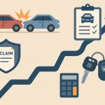 Damaged car on city street with insurance documents, illustrating car accident claims process