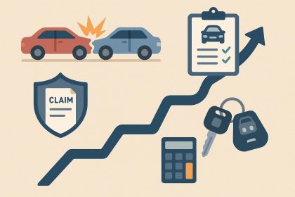 Damaged car on city street with insurance documents, illustrating car accident claims process