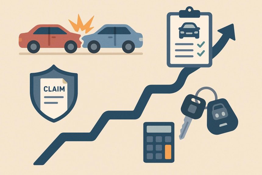 Damaged car on city street with insurance documents, illustrating car accident claims process