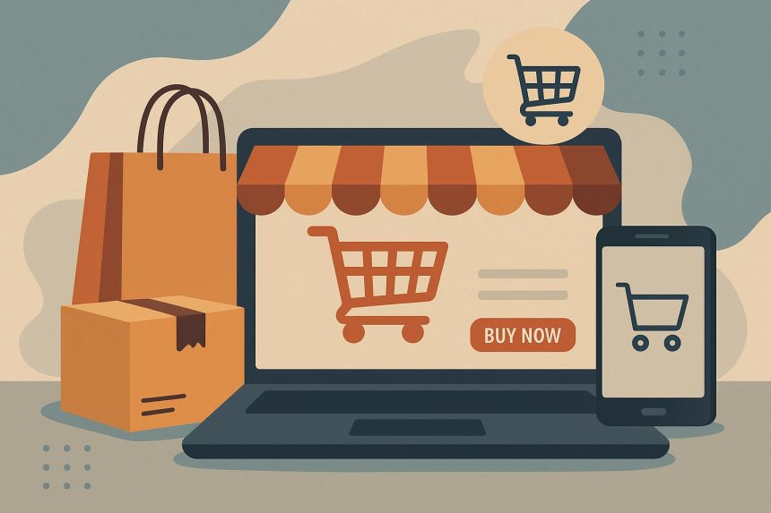 Digital shopping cart filled with products on a laptop, representing evolving online shopping trends