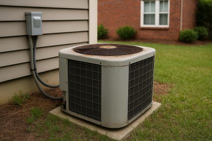 Aging air conditioner on Auburn home exterior struggling to cool during hot summer weather