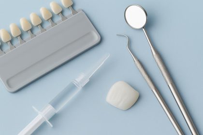 Cosmetic dentistry tools and veneers with whitening products in a Maryborough dental clinic
